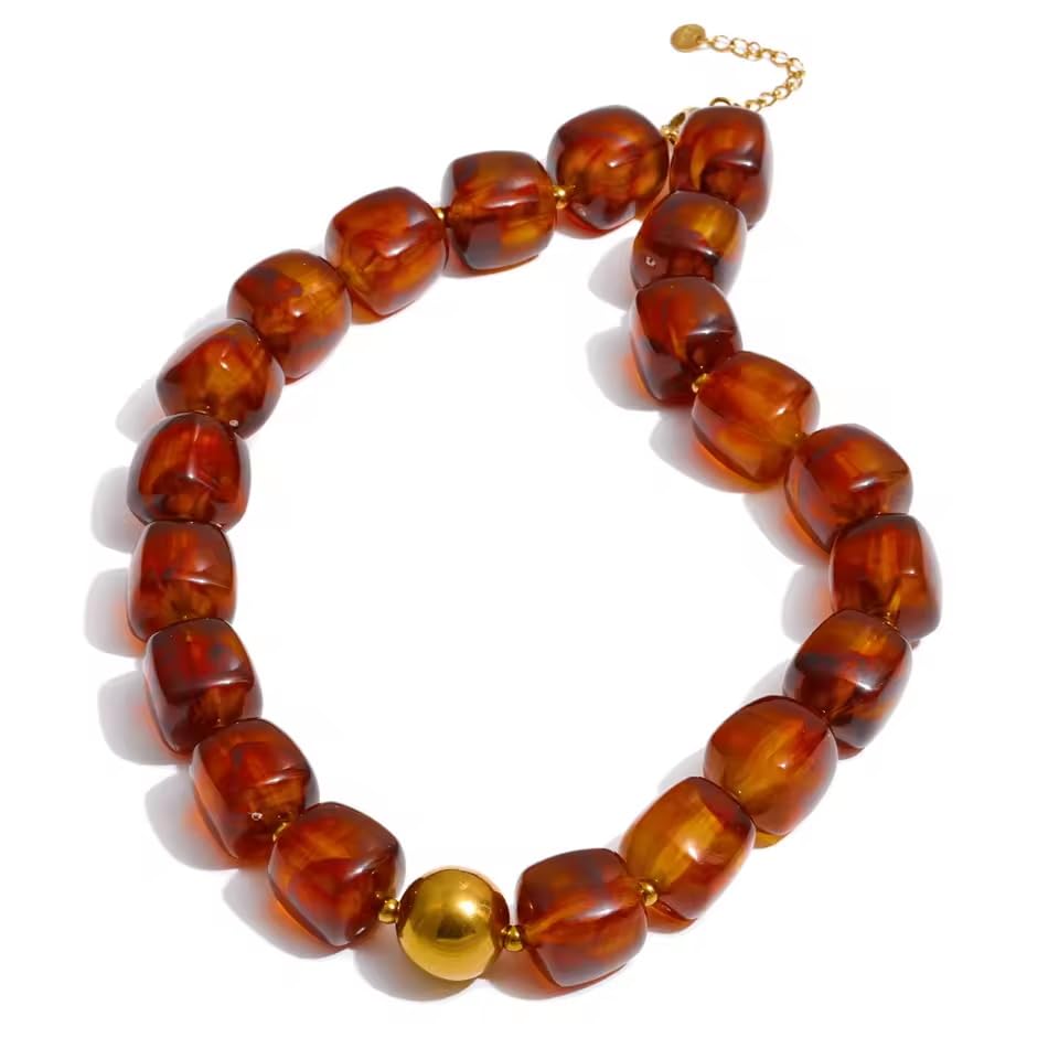 Mchic Colorful Beaded Choker Necklace for Women: Boho Large Square Acrylic Beaded Necklace Stainless Steel Adjustable Surfer Beach Strand Necklaces Summer Handmade Jewelry Gift for Women - color: Amber