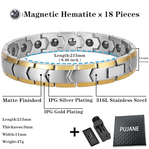 Magnetic Hematite Bracelets for Men Women 316L Stainless Steel Power Balance Energy Magnets Stones Bracelet Jewelry Gift with Adjustment Tool - color: Silver & Gold