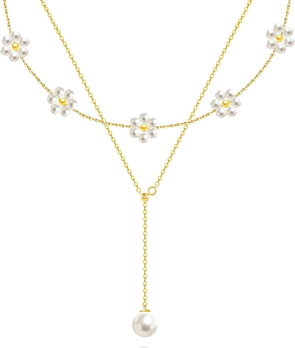 OGD Gold Pearl Necklaces Set for Women 14K Gold Plated Dainty Layered Pearl Cute Daisy Pearl Choker Gold Necklace Gifts for Women Gold Trendy Jewelry Gifts