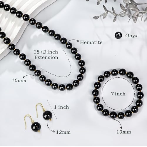 Gemstone Beaded Necklace for Women, Trendy 18K Gold Plated Hematite Natural Stone Bead Choker, Boho Handmade Summer Beach Necklaces for Women Everyday Western Jewelry Gifts - color: 04-Black Onyx