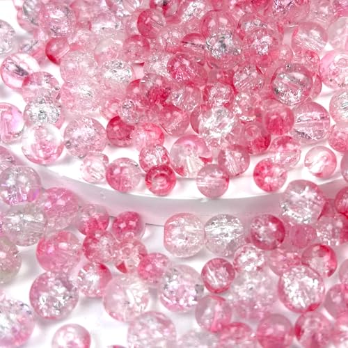 300pcs Crackle Glass Beads, 6mm and 8mm Pink Crystal Glass Beads Round Loose Spacer Bulk Beads for DIY Craft Earring Necklace Bracelet Jewelry - color: Pink