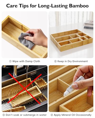 6PCS Desk Drawer Organizer Tray with 12 Compartments – Bamboo Office Storage Boxes Set for Junk Drawer Supplies, Utensils, Cosmetics, Jewelry and More - size: 12 Compartments