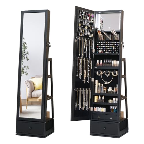 Full Length Jewelry Cabinet Standing With Built-In Mirror Jewelry Armoire With Mirror Drawers, Lockable Storage Mirror With Storage Racks Black - color: Black