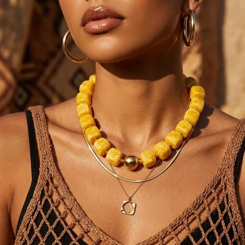Mchic Colorful Beaded Choker Necklace for Women: Boho Large Square Acrylic Beaded Necklace Stainless Steel Adjustable Surfer Beach Strand Necklaces Summer Handmade Jewelry Gift for Women - color: Yellow