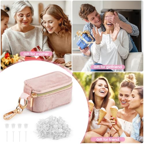 Velvet Mini Travel Jewelry Case, 2 in 1 Ring Holder Keychain + 50 Plastic Earrings, Portable Small Jewelry Organizer for Women, Travel/Gym/Wedding/Bridesmaid Gift - color: pink