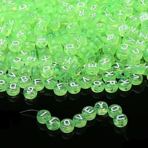 LAIDANLA 1500PCS Acrylic Letter Beads Alphabet White Letters Green Transparent Round Bead 7×4mm for Jewelry Bracelets Necklaces Key Chains Making - color: O-White Letter Green Transparent Beads