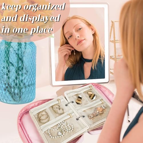 Travel Jewelry Organizer Case,Small Jewelry Bags Jewelry Storage Book Binder with Clear Zipper Velvet Pouch for Traveling,Earrings, Rings, Necklace, Bracelet (Pink) - color: Pink