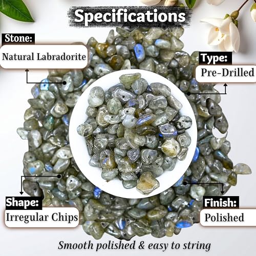 Labradorite Pre Drilled Crystal Crushed Chips Beads for Bracelets Making, DIY Handmade Natural Healing Crystals (25 Inch Strand) - color: Labradorite