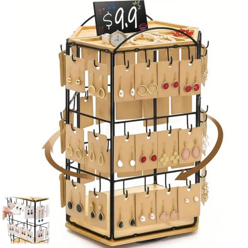 Rotating Earring Display Stand for Vendors, 48 Hooks Hexagon Bamboo Jewelry Holder, Large Capacity Jewelry Storage Showing Rack for Selling, Store, Home, Necklace Bracelet Keychain, 3 Tiers