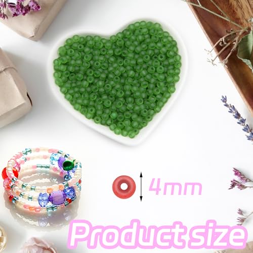 4mm Frosted Glass Seed Beads Bulk, 1000pcs Small Round Glass Bead Matte Loose Spacer Beads for Beading, Friendship Bracelet, Pendants, Key Chains, Necklaces, Hairpins, Grass Green