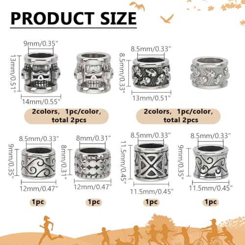 PH PandaHall 8 Styles 8mm Hole Column Beads, 304 Stainless Steel Spacer Beads Large Hole Beads Tube Lanyard Beads Tube Bead for DIY Bracelets Necklaces Jewelry Leather Craft Making, Antique Silver