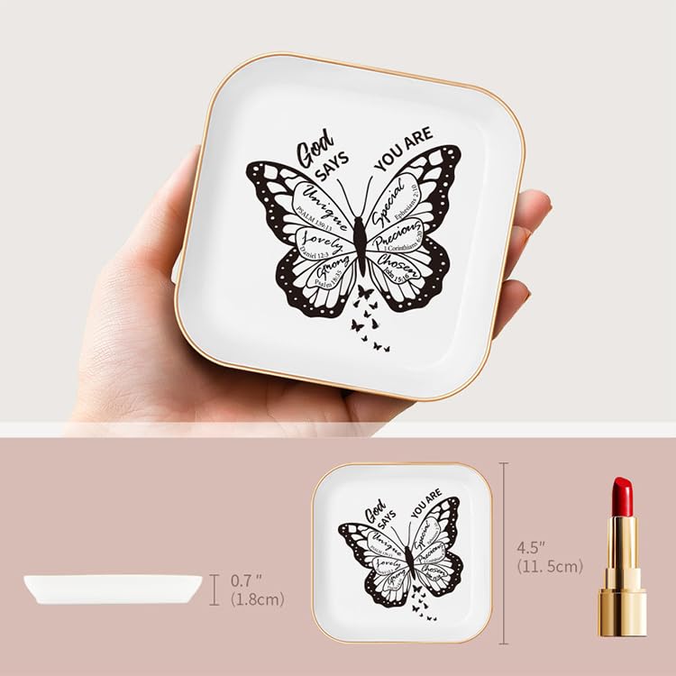 LITTLEBIGGER Christian Gifts for Women – Jewelry Tray Dish，Religious Decorative Plate with Bible Verses，Christian Gifts – Baptism Gifts for Girl, Friends, Mom, Sister, Female Coworker - style: You Are-Butterfly