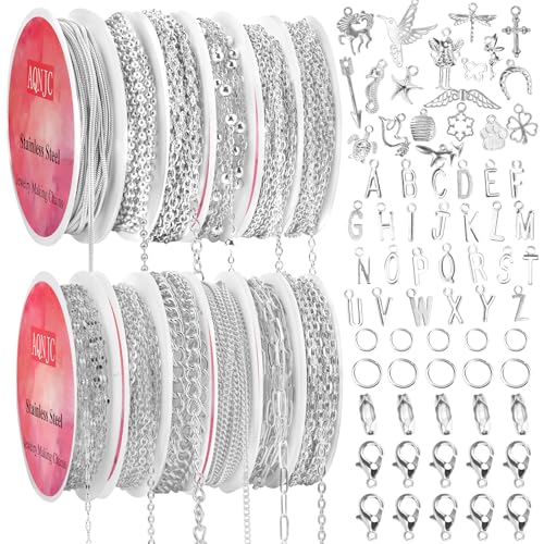 AQNJC Silver Chain for Jewelry Making, 98 Feet 12 Rolls Jewelry Chains with Silver Letter Charms for Women DIY Necklace Bracelet Making Supplies with Jump Rings, Lobster Clasps, Connectors - color: 12 Rolls Silver Necklace Chains with Silver Charms