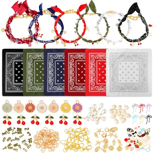 Misdary 276 Pcs DIY Bandana Necklace Scarf with Charm Choker with Pearl Western Cowgirl Boho Gold Charms Resin Charms Sea Shell Charm Adjustable Jewelry Scarf Necklaces Bandanas for Women Men