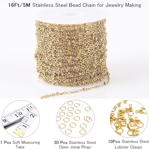 16Ft Stainless Steel Bead Chain for Jewelry Making, 1.6mm Thin Gold Plated Ball Beaded Cable Link Chains Roll for DIY Necklace Bracelet Jewelry Making Supplies with Lobster Clasps Soft Tape Measure - color: Cross Bead Gold