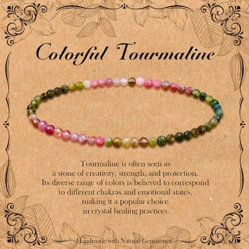BONNY BOXX Natural Genuine Gemstone Faceted Round Beads Bracelets, 3mm Adjustable Stretchy Tiny Faceted Black Tourmaline Bracelet, Healing Crystal Reiki Chakra Dainty Jewelry Fashion Gifts - color: Colorful Tourmaline