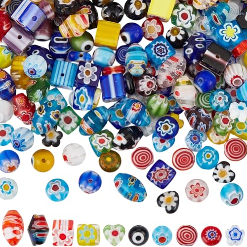 1 Box 150PCS 10 Styles 8MM Millefiori Beads Handmade Lampwork Glass Round Cube Flat Flower Heart Mosaic Flowers Loose Spacer Bead Charm Bulk for Jewelry Making Bracelets Necklace DIY Craft - size: 150pcs, style: Mixed