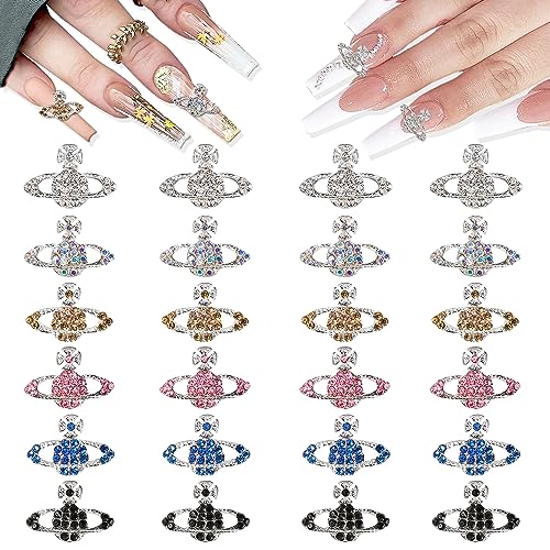 24Pcs Planet Nail Charms, CYHYII 3D Y2K Saturn Nail Art Charms Exquisite Rhinestones Gems Diamond Nail Accessories for Women Girls Nail Art Design DIY Craft Crystals Jewelry(6 Colors) - color: Planet Rhinestones Nail Charms
