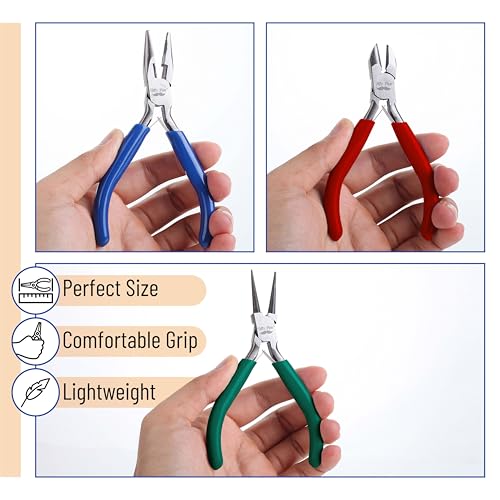Mr. Pen- Pliers for Jewelry Making, 3 Pack, Chain Nose, Round Nose Pliers Set and Wire Cutter for Beading, Wire Wrapping, Jump Rings, Jewelry Repair, Crafting, DIY - color: Blue, Green, Red