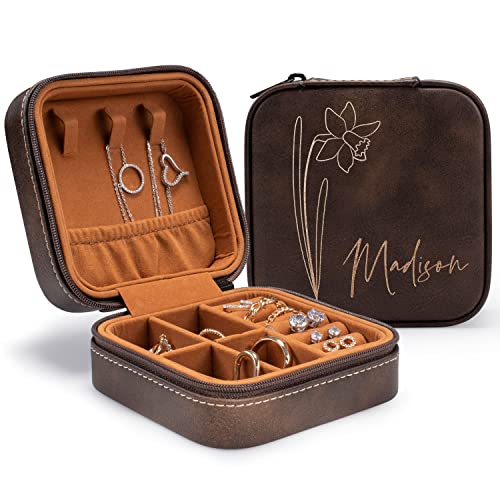 Custom Leather Jewelry Box w/Name & Birth Flower Month - Birthday Gifts for Women, Personalized Jewelry Travel Case - Customized Jewelry Organizer Box, Mom Birthday Gifts - Rustic - color: Rustic