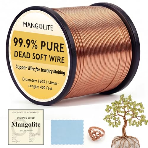 18 Gauge/1.0mm Copper Wire 2 Pound Spool – 400 feet Fine 99.9% Pure Dead Soft Bare Wire with Polishing Cloth & COA for Jewelry Making, Beading, Plant Ties, Electroculture & DIY Crafts - size: 18 Gauge, style: 2 Pound