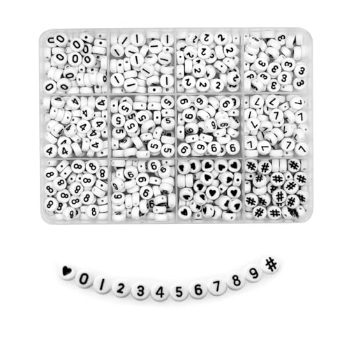 Amaney 600pcs White Acrylic Number Beads 0-9 Symbol # Heart with Storage Box 7x4mm - color: WhiteBoxed, size: 7x4mm