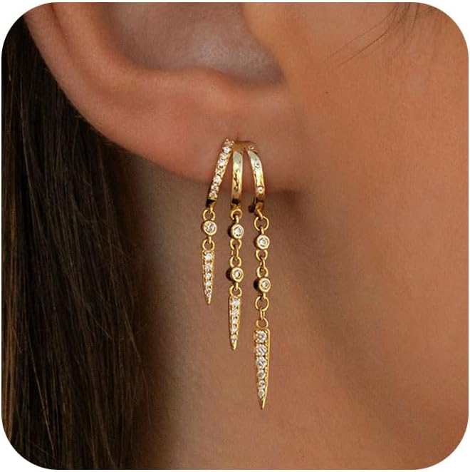 Dangle Earrings For Women,Dainty 14K Gold Plated Hypoallergenic Small Triple Huggie Hoop Earring Gothic Cute Cross Moon Star Drop Earrings For Women Trendy Gold Statement Stud Earring Jewelry