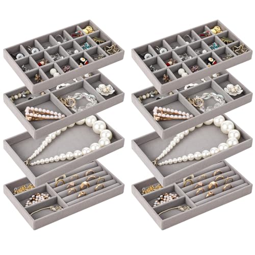 8 Pcs Jewelry Drawer Organizers, Velvet Jewelry Trays for Drawer, Stackable Jewelry Trays Ideal for Rings, Earrings, Bracelets, Necklaces, Gray - color: Gray