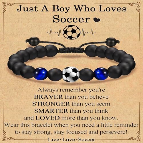 World Cup 2026 Soccer Bracelet for Men, Adjustable Beaded Rope & Leather Soccer Charm Bracelet, Inspirational Sports Jewelry Gift for Soccer Fans with Gift Box - color: Blue Tiger Eye