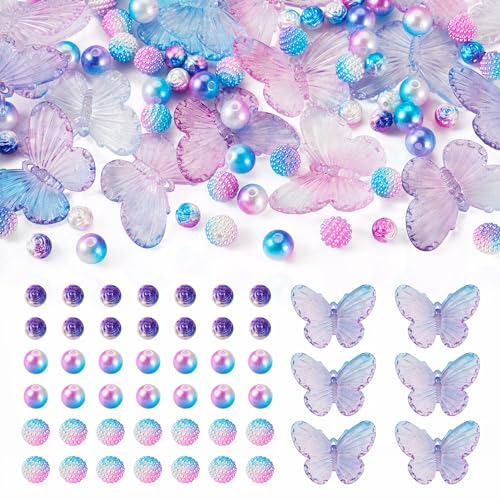 100Pcs Acrylic Beads for Bracelet Jewelry Making Butterfly Beads Bubblegum Chunk Beads Round Pearl Beads Kawaii Aesthetic Beads for Necklace Earring Keychain Chain Accessories 7-10mm - color: Purple & Blule