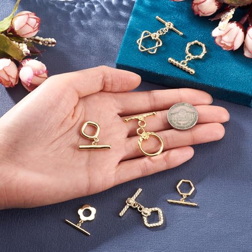 7Pcs 18K Gold Plated Brass Toggle Clasps Golden Toggle Jewelry Clasps Flower Rhombus Hexagon Ring Star Toggles T Bar Clasp for Bracelet Necklace Jewelry Making - color: Golden