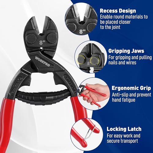WORKPRO 8-inch Mini Bolt Cutter with Recess and Spring, Compact Bolt Cutters with Comfortable Soft Grip, Security Lock,CR-V Steel Blade for Wire, Cables, Chains, Small Screws
