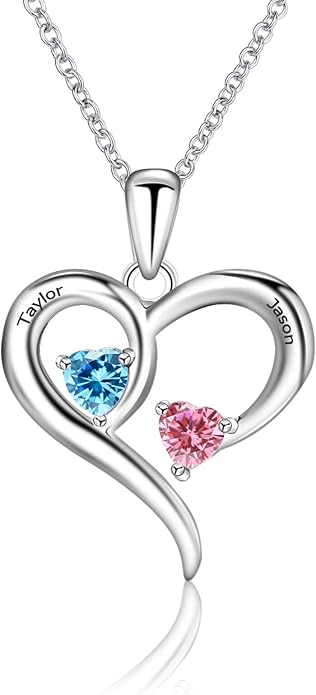 MissNaNa Sterling Silver Personalized 2 Names Heart Necklace with 2 Birthstone Couple I Love You Heart Pendant Necklace Jewelry Gift for Her Wife Girlfriend Mom