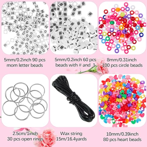 Taiyin 361 Pcs/24 Sets Mother's Day Bead Key Chain Craft Kit Teach Seed Beads Mom Pony Opaque Bead for Jewelry Making Bag Charms Bracelets DIY String Star Shape Beads Mothers Day Party Favor for Women - color: As Shown in the Picture