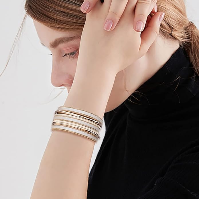 Wowanoo 3Pack Leather Cuff Bracelet Set Multilayer Wrap Bracelet Crystal Feather Tree Bracelet Magnetic Clasp Bracelet for Women