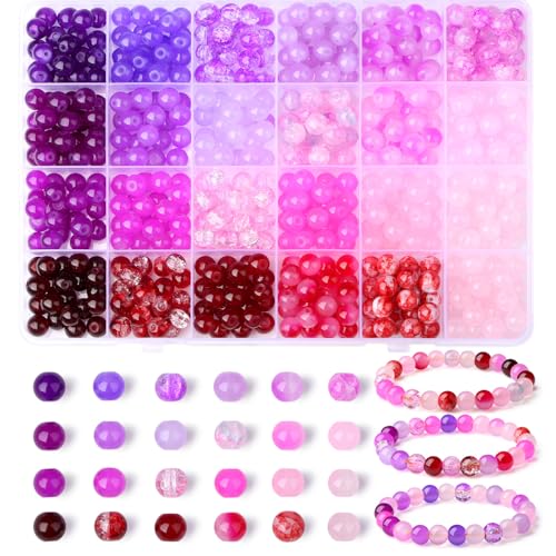 DUQGUHO 8mm Pink Purple and Red Beads for Bracelets Glass Beads for Jewelry Making 24 Colors Round Beads Bulk 520PCS - color: 13-Pink Purple Red