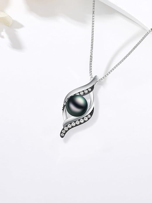 Tahitian Black Pearl 18K White Gold Plated Sterling Silver Heart/Infinity/Four Leaf Clover Pendant Necklace Jewelry Gifts for Women Wife Mom Girlfriend Wedding Birthday Anniversary Christmas