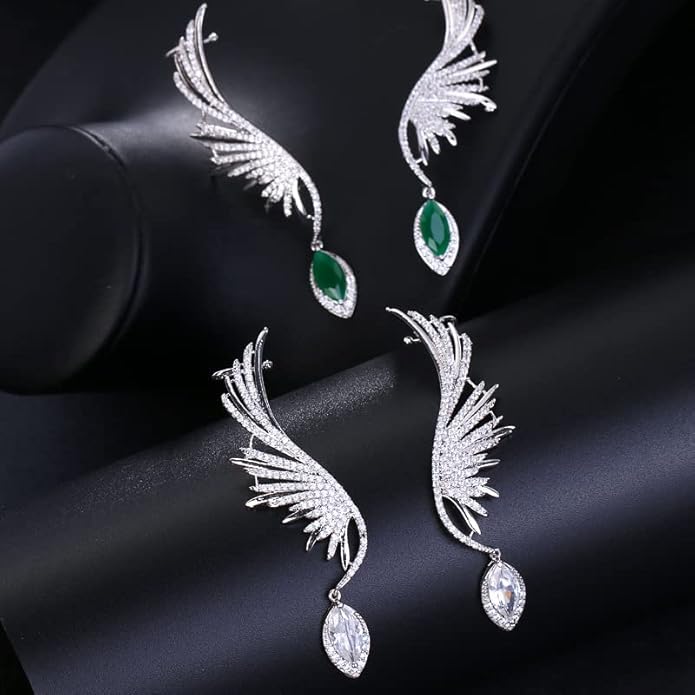 14K Gold Gemstone Feather Clip On Earrings for Women,Dainty Waterdrop Emerald Moissanite Angel Wing Ear Cuff,Fashion Christmas Jewelry Gift for Her
