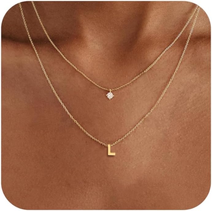 Layered Initial Necklaces for Women, 14k Gold Plated Letter Necklace Set Dainty Gold Initial Necklace Stack Cute Layering Choker Necklaces for Women Trendy Fashion Jewelry