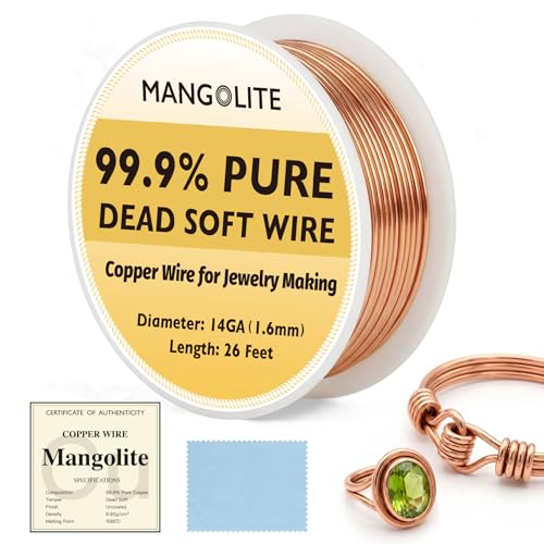 14 Gauge/1.6mm Copper Wire for Jewelry Making – 26 Feet Single Spool with Polishing Cloth & COA – 99.9% Pure Dead Soft Bare & Skin Safe Uncoated Craft Wire for Garden Supports & DIY - size: 14 Gauge, style: 5 Ounces