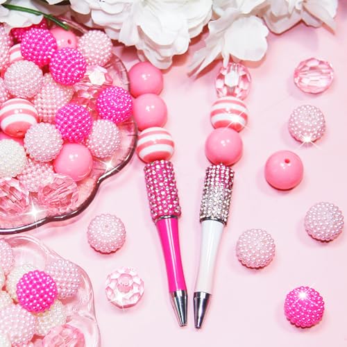 48 Pcs 20mm Beads for Pens Bubblegum Beads Pink Crystal Acrylic Round Chunky Beads Sparkly Large Balls Beads for Pen Beadable Keychain Bracelet Necklace DIY Jewelry Making Supplies - color: Pink Color