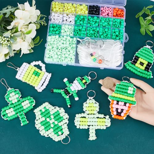 SUNNYCLUE DIY 8 Sets Pony Beads Kit - 8mm St Patrick's Day Green Plastic Beads - Keychain Making Kit - color: 8mm Pony Beads Kit St Patrick Day Themed