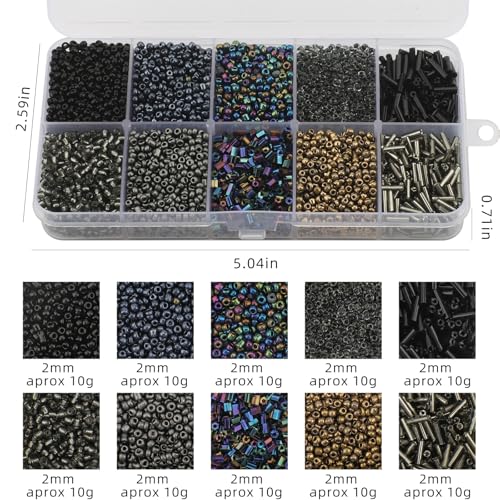 Approx 5000pcs 12/0 Glass Seed Beads for Jewelry Making, 2mm Mix 10 Colors Tube Beads Glass Bugle Beads Waist Beads Kit for Bracelets Necklaces Earrings DIY Supplies (Black) - color: Black