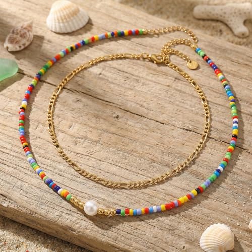 Colorful Gold Stack Seed Beaded Choker Necklace Set for Women,Handmade Boho Fashion Christian Cross Heart Freshwater pearl Jewelry,Valentine's Summer Holiday Beach Friendship Gift - color: Pearl