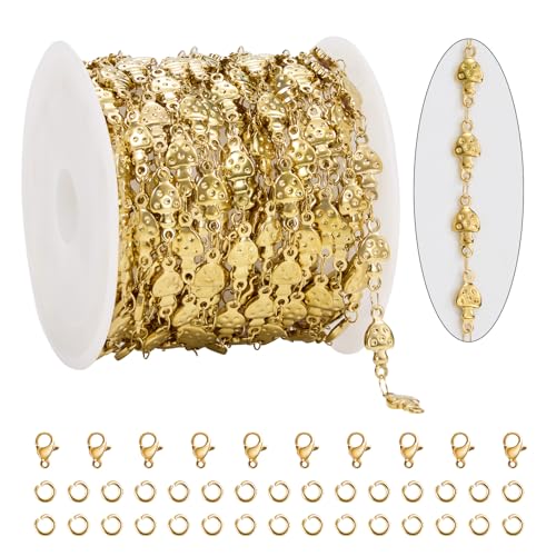 KYUNHOO 13 Feet Stainless Steel Chains Bulk on Spool Gold Plated Chain for Jewelry Making with Lobster Clasps and Jump Rings for Necklace Jewelry Crafts DIY - color: Mushroom Gold