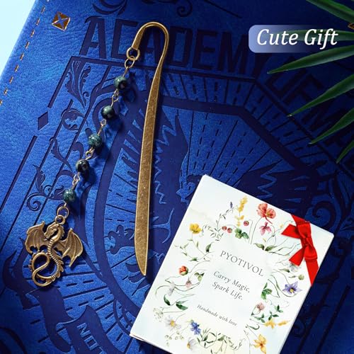 Vintage Witch Brass Metal Copper Bookmark with Dragon and Bead Chain Pendant–Wicked,Handmade Sodalite Bookmarks for Reading Women,Men,Book Lovers,Girls,Teens,Teachers and Students - style: Dragon