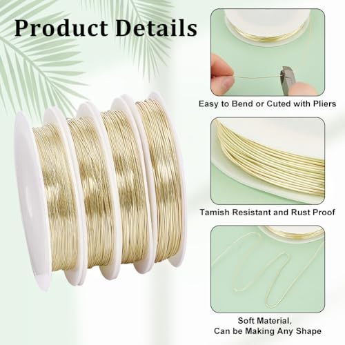 PH PandaHall 262ft Craft Wire for Jewelry Making, 0.3/0.4/0.5/0.6mm Copper Wire 14K Gold Plated Metal Beading Jewelry Armature Wire for Wrapping Floral Arranging, 22~28 Gauge