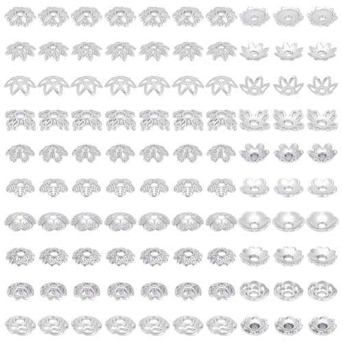 PH PandaHall 100pcs 10 Styles Brass Flower Bead Caps 6/7/8mm Silver Spacer Beads Bead End Caps Flat Spacers Flower Bracelet Beads for Friendship Bracelet Earring Jewellery Making DIY Crafts - color: Silver