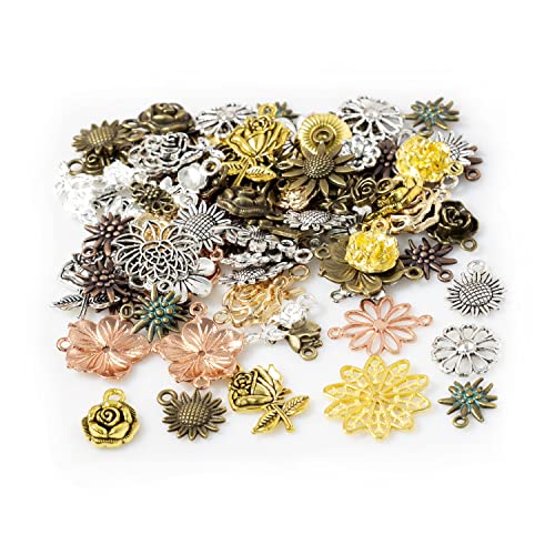 stino 100g Metal Pendant Charms for Jewelry Making, Bulk Silver & Gold Plated Charms for Braclet Necklace Crafts, Animal Plant Flower Pet and so on - color: Flower Mixed Color