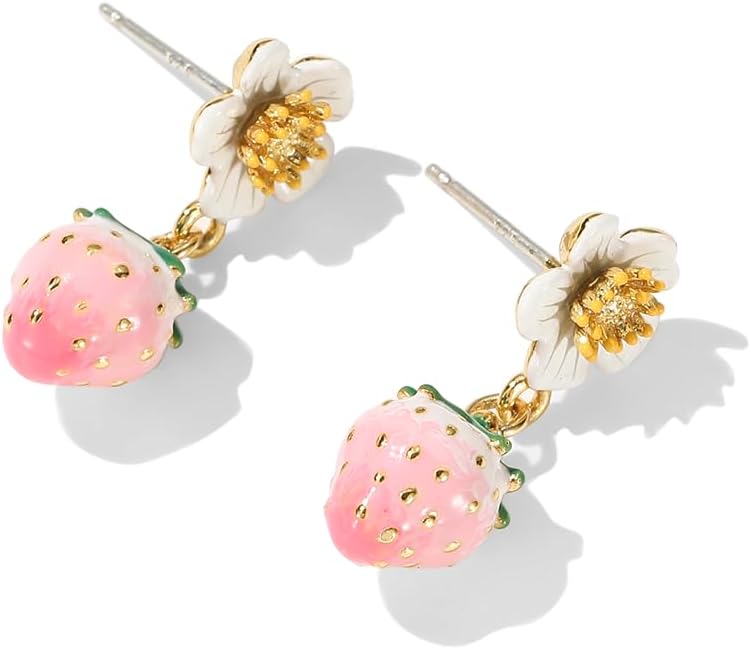 Pink Strawberry Flower Drop Earrings - Cute Enamel Fruit & Floral Stud Drop Earrings for Women, 18K Gold Plated Dainty Aesthetic Jewelry